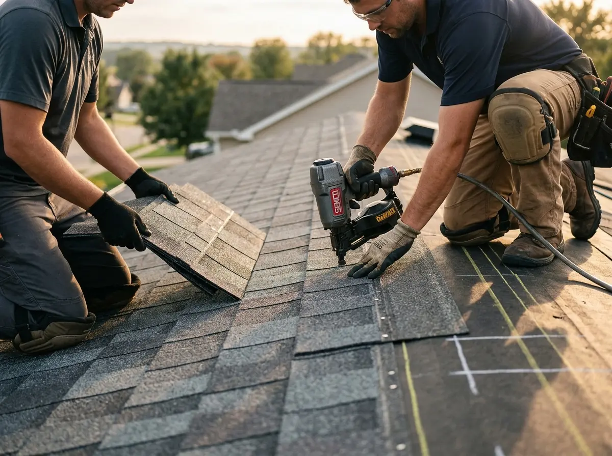 Professional roofer working on a residential roof in North Caldwell
